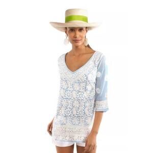 Gretchen Scott Embroidered Copacabana Sheer Boho Top Blue White Relaxed XS - M**